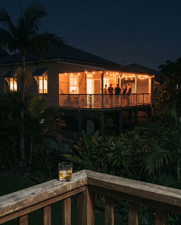 the party two doors down — a whisky on the balcony railing, the lit-up verandah two doors down, caloundra, december